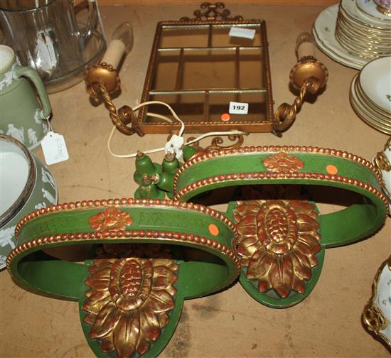 Green and gilt empire candle wall lights & brass mirroed girondle